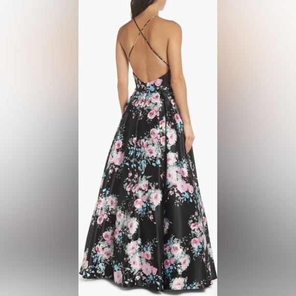 Blondie Nites Black Multi Floral Halter-Neck Prom Ball Gown Dress Junior's 11 - Picture 2 of 12